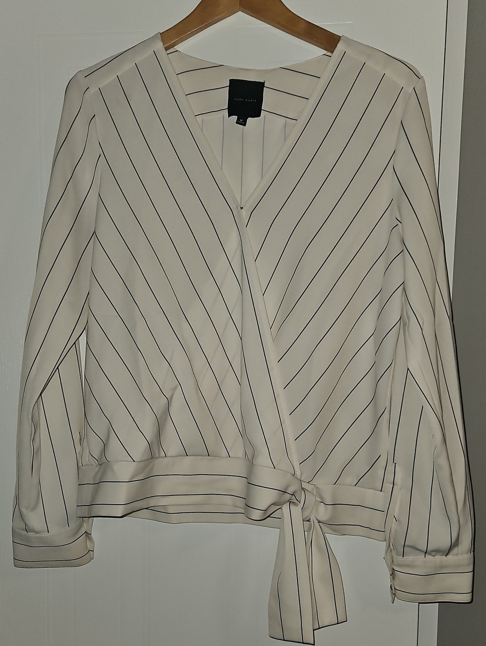 Alex Marie Cream and Black Diagonal Striped Wrap Blouse